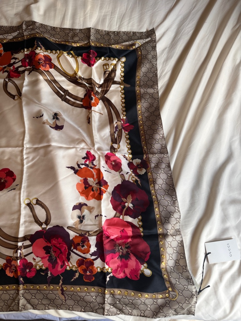 NWT - Gucci Floral Silk Scarf in Cream, Black & Pink/Red